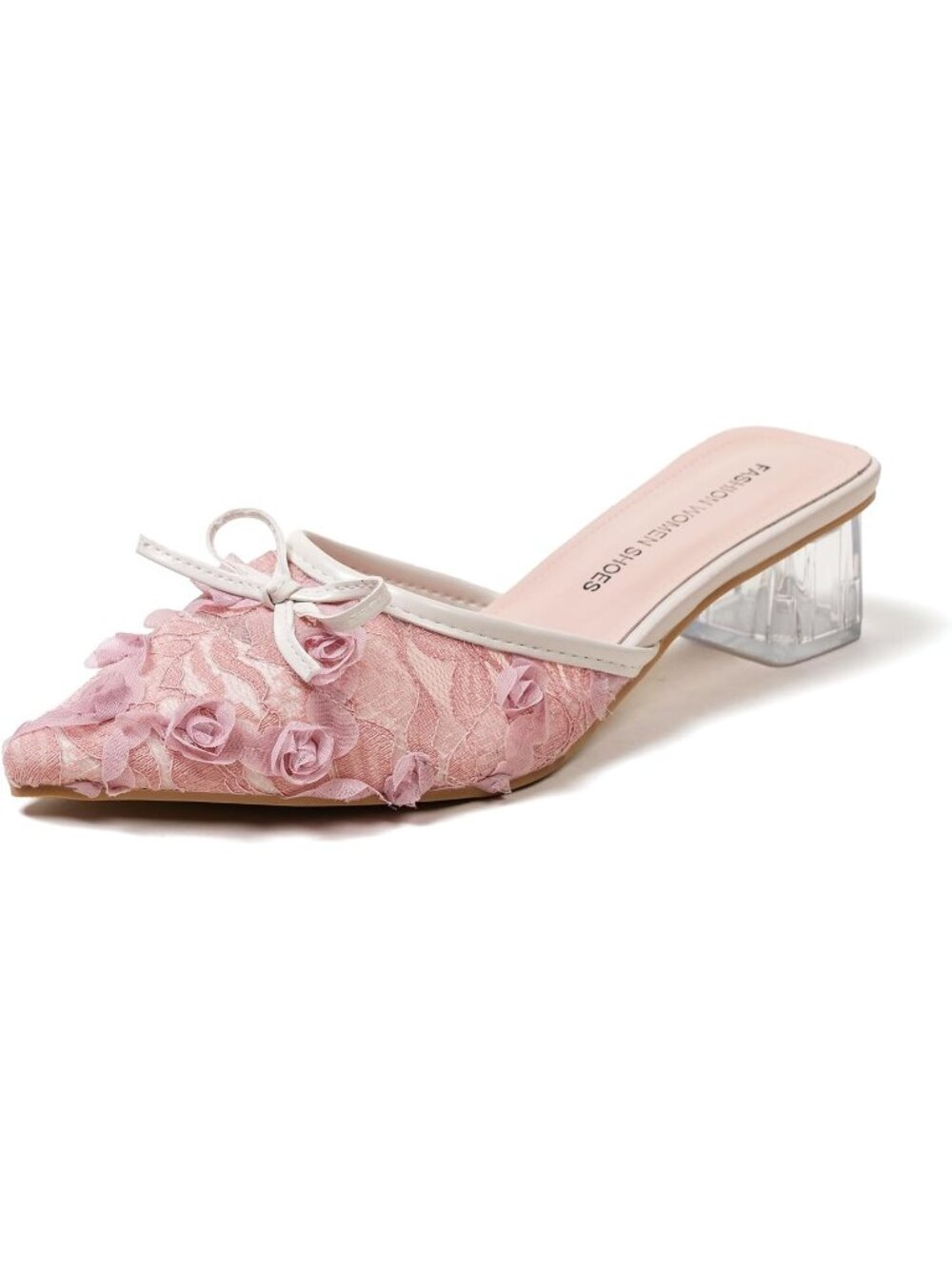 Women’s Pink Fashion Mules Pointed Toe Slip-On Block Heel Lace Mesh Upper